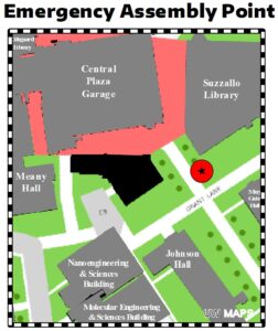 Map depicting the emergency assembly point (EAP) for Gerberding Hall. The EAP is denoted by a black star in a red circle.